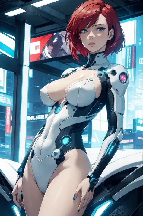 ((best quality)), ((masterpiece)), (detailed), Ghost in the Shell, tron Legacy, cyborg, elegant woman, cyberpunk, big breasts, short red hair, her body is very colorful