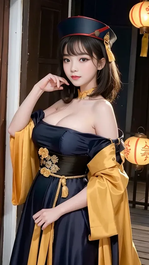 (highest quality, 8k, masterpiece:1.2), reality:1.4, one girl,alone, black hair, underbust, have, light_smile, ofuda, china dres...