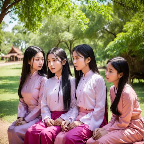 four girls in Myanmar traditional custom design are sitting under a shady big tree near a village. They have long black hair, wearing long sleeve Myanmar traditional pink color shirt and longyi, they are talking about something, black eyes, ancient village...