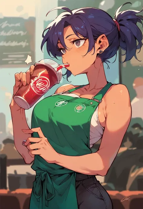 College student drinking a Pepsi Cola inside a Starbucks store.