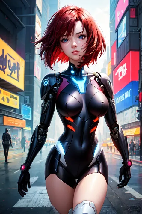 ((best quality)), ((masterpiece)), (detailed), Ghost in the Shell, tron Legacy, cyborg, elegant woman, cyberpunk, big breasts, short red hair, her body is very colorful