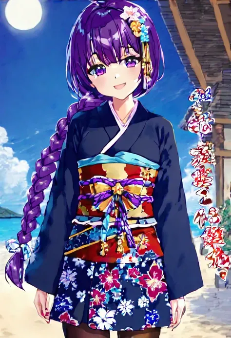  (masterpiece, best quality, highres, 8k:1.3),   1girl, solo, long hair, One braid hair, purple hair, Hair ornament, purple eyes, kimono, standing, chibi, smile, detail color, 