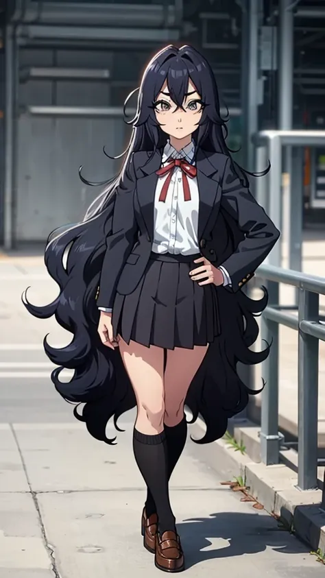 1girl, asian teen, anime , black plated skirt, blazer, black stockings, straight long black hair, confident facial expression, h...