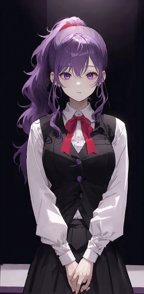 masterpiece、highest quality、pale purple hair、ponytail（the ends of my hair are curled）、uniform、black vest、white shirt、red ribbon ...