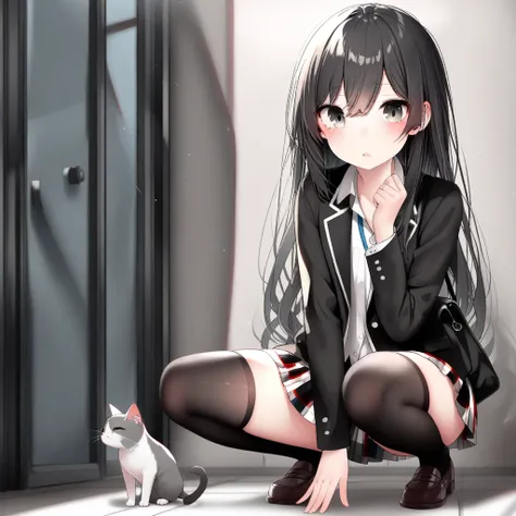 1girl, gweda, absurdres, official art, absurdres, yahari ore no seishun lovecome wa machigatteiru., yukinoshita yukino, 1girl, bag, black eyes, black hair, black jacket, black thighhighs, blazer, cat, copyright name, jacket, loafers, long hair, looking at ...