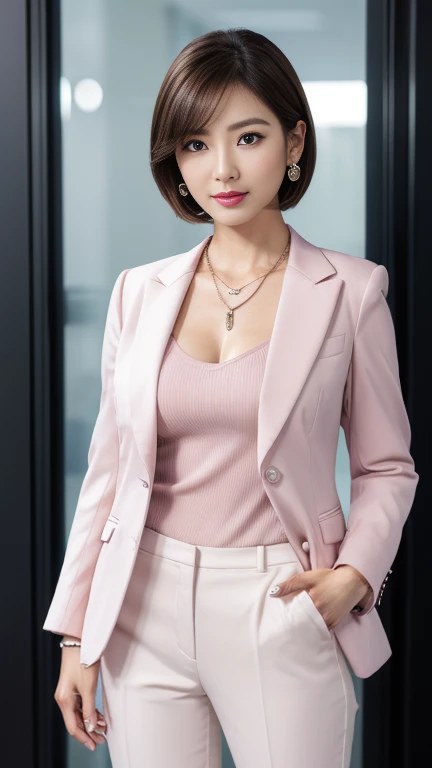 Front view,  (Full- body:1.3) ,(open stance), stand on floor , in enterprise office , Gorgeous Young Korean Woman,  looking at viewer, 1 girl, 35 yeas old,　(short hair, brown hair, fringe, single eyelid, Thin outer eyebrows, Small eyes、Eyes are small compa...