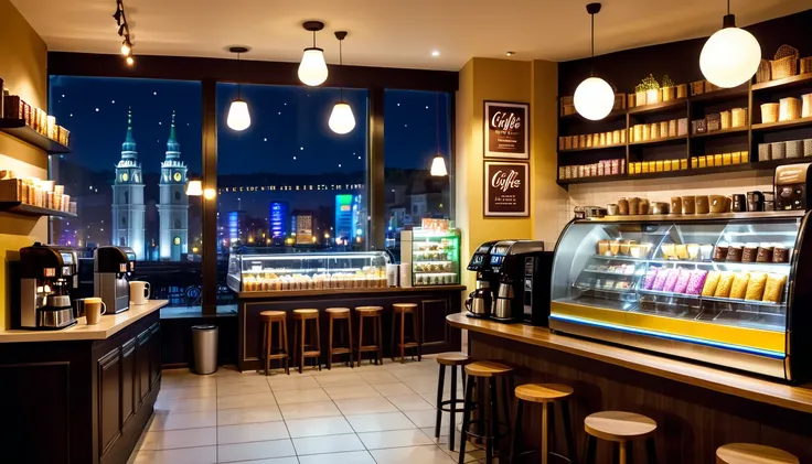 a cozy night time at a coffe interior with cozy lighting and sweets in the shelves. there are coffee cups in the tables. a cash ...