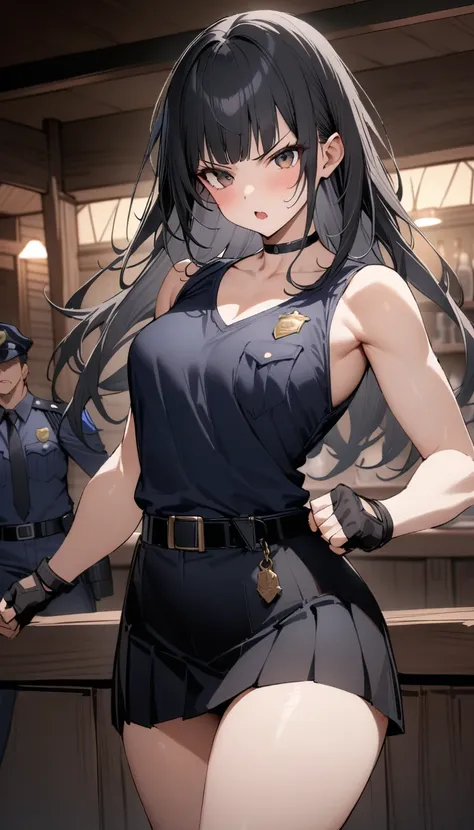 ((Highest quality)), ((masterpiece)), (detailed),cowboy shot , Rin々Policewoman　small breasts 　Mature Woman, ((A white sleeveless U-neck T-shirt with a black sleeveless western shirt style police uniform over it)),　Black choker,((clavicle))、Black long hair　...