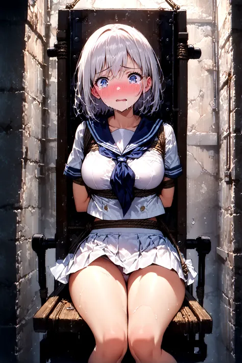 1 girl, strapped to a chair, (bondage chair:1.5), (open legs:1.5), (sitting:1.5), (extended arms:1.1), spread arms, arms to the sides, (inside basement, underground, torture room), (ankles tied, wrists restrained, ankle cuffs, wrist cuffs), arms to the sid...