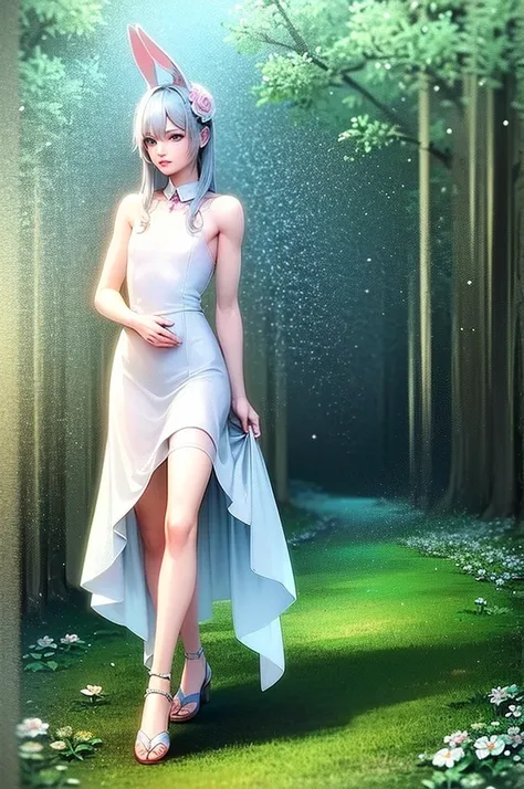 Alice (in wonderland), Handsome boy (effeminate), femboy, delicate and graceful body, Scrawny, soft and charming look, Feminine clothes (long white and flowery dress, bunny ears, sandals, in the forest at night, full moon visible in the background, 8K, bes...