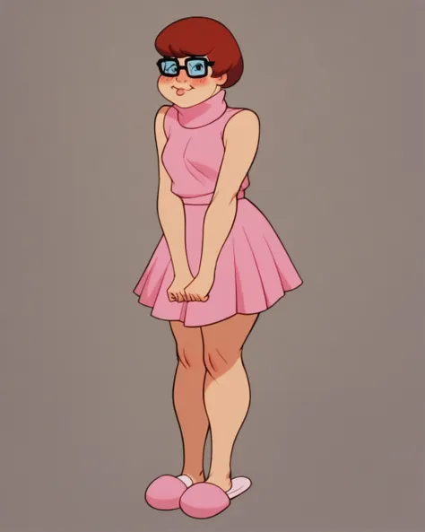 velmaxl, pink tutu dress, pink sleeveless top, white panties, shy, blushing cheeks, standing, posing, pink slippers