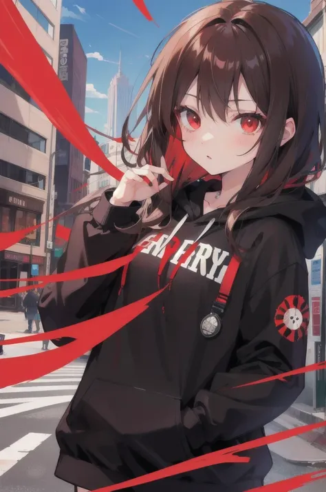 Brown hair. Anime girl. Red eye. Black hoodie. Blood. Apocalypse city