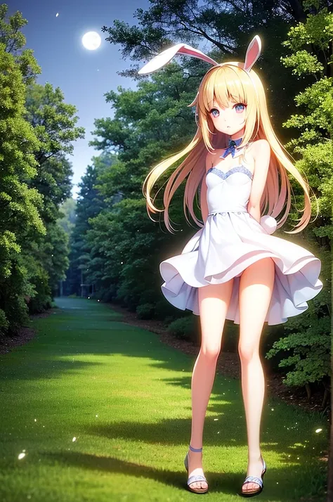 Alice (in wonderland), pretty girl (feminine), adolescent, funny body, Scrawny, breastsout, soft and charming look, roupas feminines (long white and flowery dress, bunny ears, sandals, in the forest at night, full moon visible in the background, 8K, best q...