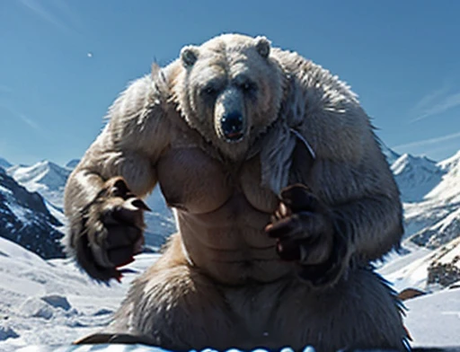 A frontal image of the moment of a polar bear attack on Expectador . The polar bear attacks the spectator with his binges, the bear is furious . Animal rage rage . He wears a very torn and torn leather blanket as primitive clothing..