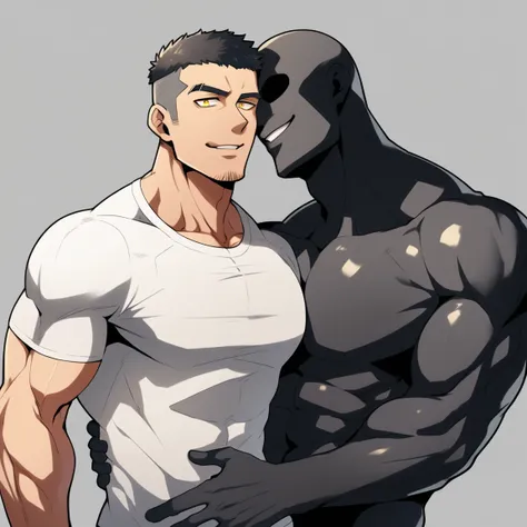 anime characters：two superheroes in tights, muscle sports student and muscle slime no face no eyes skinhead superhero, no face, ...