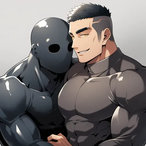 anime characters：two superheroes in tights, muscle sports student and muscle slime no face no eyes skinhead superhero, no face, ...