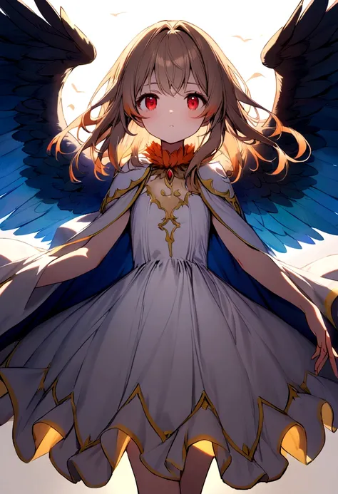 bird girl, white shoulder length hair, red eyes, orange feathered collar, white dress, blue wings instead of arms, small brown wings with yellow edges on shoulders