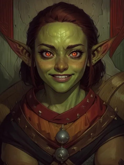 female goblin, goblin, ((g0blin)), dnd clerics's, dressed like an rpg cleric, medallion, holy symbol, (((red eyes))), (proud:1.4...