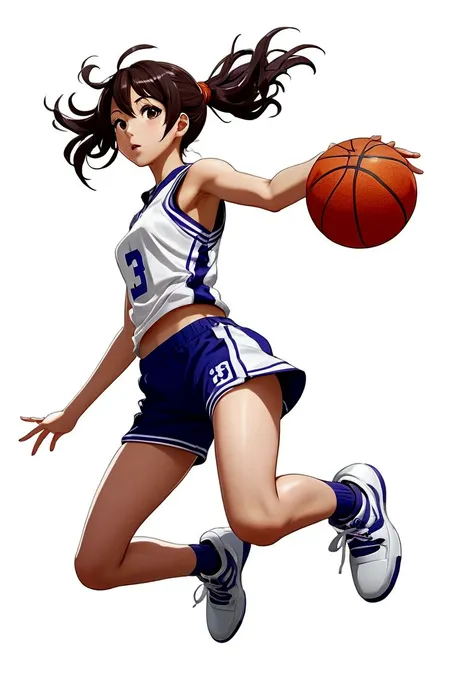 Create images in Japanese anime style. Full body image of teenage girl wearing basketball uniform. Tight shorts look sexy ((basketball jump)) Floating figure, bottom view, without any other elements. in the white background