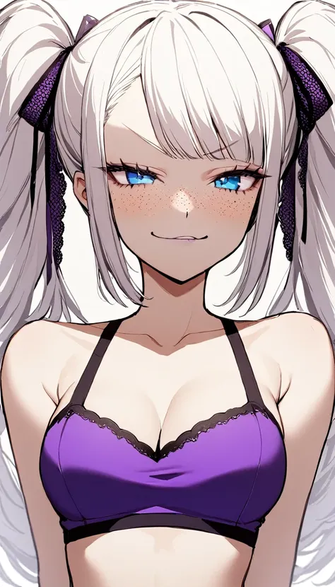 1 girl, purple tube top, black booty shorts, purple lace ribbon, medium breasts, blue eyes, platinum white hair, twin tail hair ...