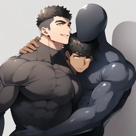 anime characters：two superheroes in tights, muscular gym student and a pure black muscle slime man, no face, he is wrapped in bl...