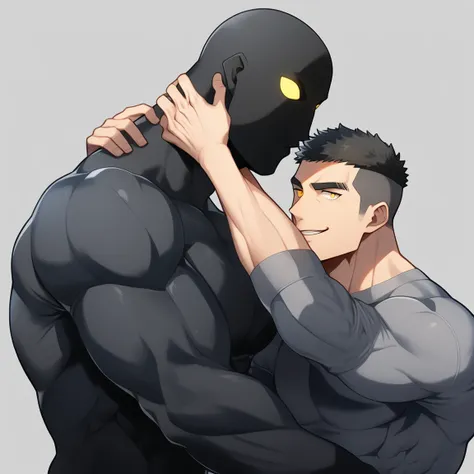 anime characters：two superheroes in tights, muscular gym student and a pure black muscle slime man, no face, he is wrapped in bl...