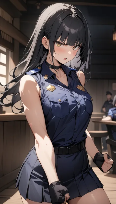 ((Highest quality)), ((masterpiece)), (detailed),cowboy shot , ((Rin々Policewoman))　small breasts 　Mature Woman, ((Police uniform with black sleeveless top and black blouse with breast pocket)),　Black choker,((clavicle))、Black long hair　Blunt bangs　black pl...