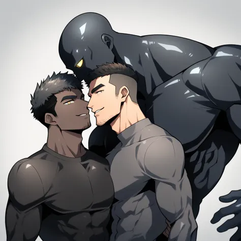 anime characters：two superheroes in tights, muscular gym student and a pure black muscle slime man, no face, he is wrapped in bl...