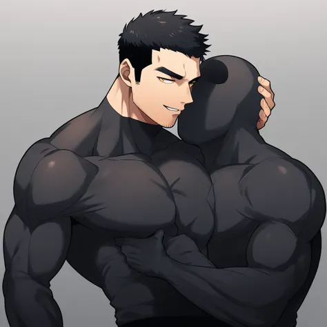 anime characters：two superheroes in tights, muscular gym student and a pure black muscle slime man, no face, he is wrapped in bl...