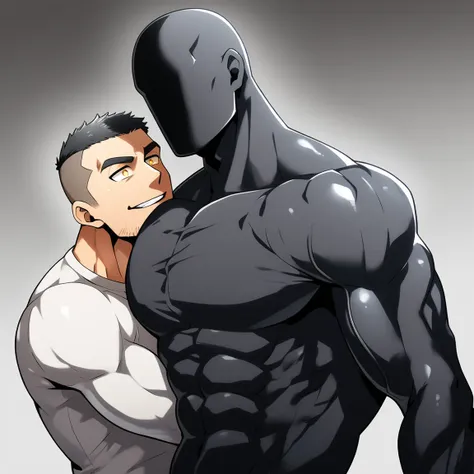 anime characters：two superheroes in tights, muscle sports student and muscle no face no eyes skinhead superhero, no face, he spe...