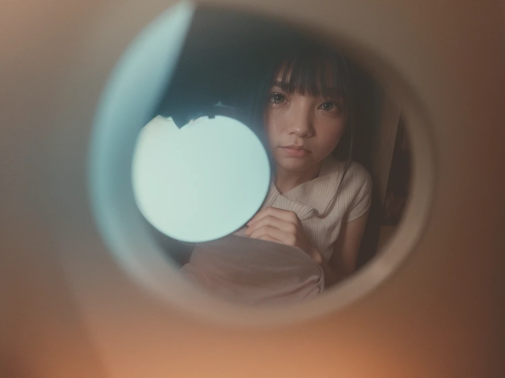 (Peephole view) , Voyeur , (old color negative film) , (soft focus) , (Bokeh:1.3) , woman , womans messy room , (Activities of daily living) , underwear , looking away , Change underwear , Scratching the groin , behind object , bathing , twilight , dim lig...