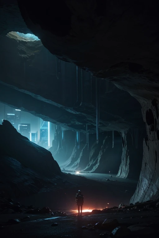 technological future seen from inside a distant cave of a futuristic city at night  