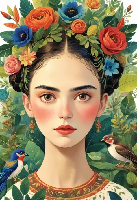 art illustration，dreamlike environment, with delicate eyes and lips,  inspired by the art of frida kahlo, masterpiece, best qual...