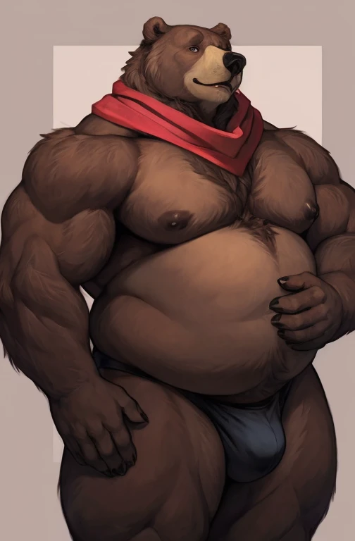 Alone, (antro by the little bear_rusty), red scarf, (Obese old bear  kemono), daddy , Obese, naked torso, simple background, ultra detailed, pose natural, (well-built:1.3), (voluminous:1.3) bodybuilder, standing, by honovy, Por ROV, correct hands, manly, B...