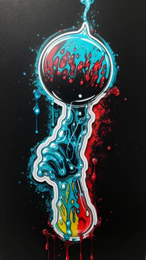 a person in white gloves holding a glass with blood on it, lightblue acrylic paintdrip tar, Scary little alien creature,acrylic liquid colors, blacklight reacting, mixed liquid acrylic, toxic drips, dye - transfer, dye-transfer, liquid painting, drip paint...