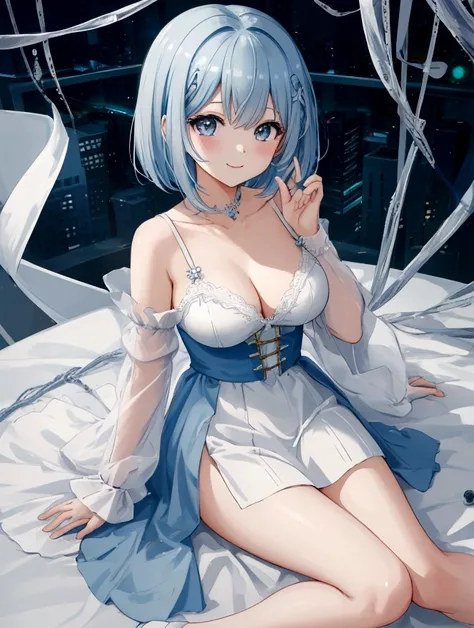 Highest quality、High resolution、masterpiece、Cute anime-style illustrations、One image、One Woman、Light blue hair、Short Bob、Grey Eyes、White Cami Dress、Big Breasts、Stylish older sister、smile、city


