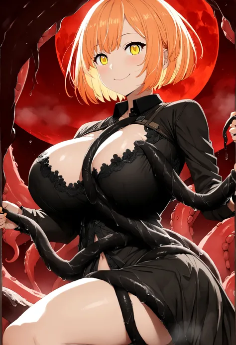 A beautiful anime-style girl with short orange hair,(((detailed)))Yellow Eyes,Transparent hair,short hair,(((detailed)))Bright Face,smile,Immoral Beautiful Girl,(((detailed)))メリハリあるグラマスボディのLori,,Big Breasts,(((detailed)))黒色と黄色の際どいV字ビキニを着たImmoral Beautiful ...