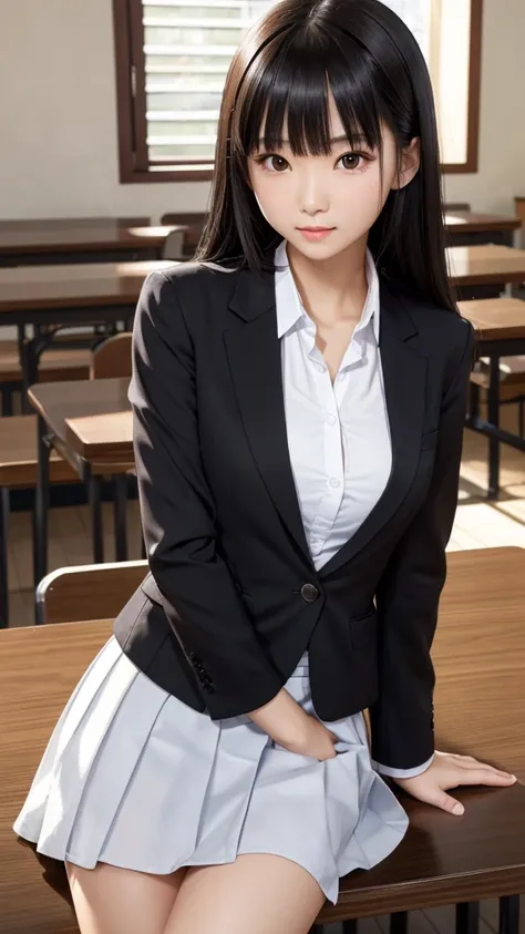 ((Tabletop)), (Detailed face), (highlight),　Asian Girl、thigh、Black Hair、Heavy bangs、high school girl、skirt、blazer、Support your chest with your arms、Gazing Eyes、