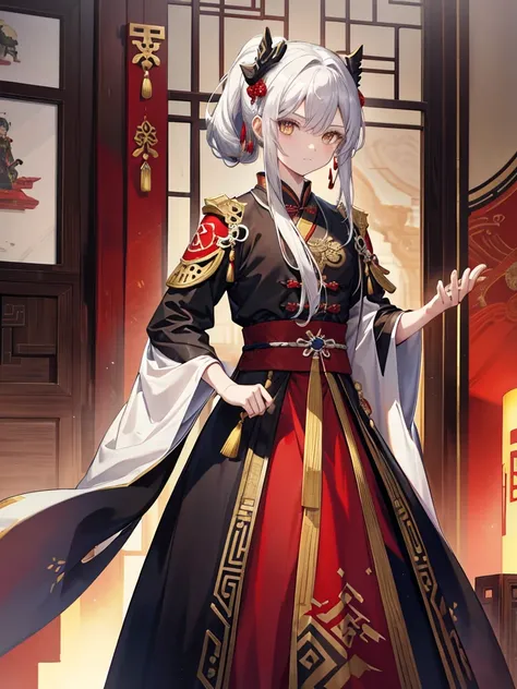 Silver hair，golden eyes，Ancient hair accessories，high ponytail，Gorgeous costumes，black clothes，General，Red armor，youth， man，ancient China，juvenile，dragon robe，Hanfu