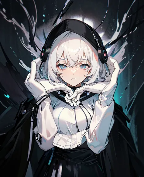 Masterpiece,Best quality,(A gloomy painting style:1.6),Solo,Boy,White hair,Short hair,(White shirt:1.4),((Face)) shirt,Shorts,Coat,Hood,Sneakers,Black coat,No breasts,Long sleeves,bangs,Fingerless gloves,Short hair,hair between eye,((gloomy expression)),(P...