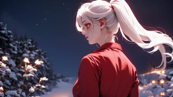 1 Girl, medium light white hair, light white eyes, wearing Red Suit 4D , night TOWN 18+, high res, ultrasharp, 8K, masterpiece, looking from behind