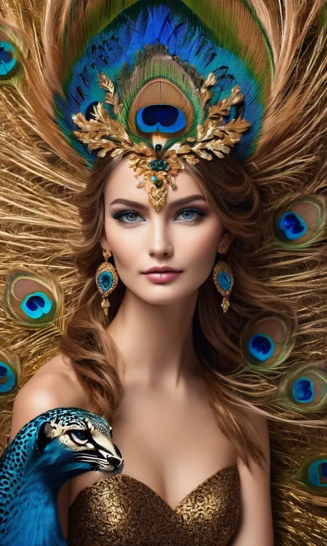 a mystical hybrid creature combining the features of a peacock and a leopard:
- the body is covered in sleek fur with the rosett...