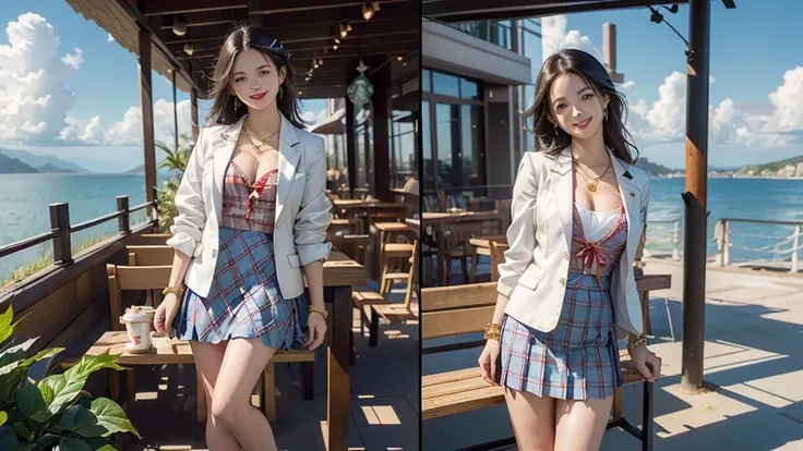 8K、RAW Photos、Highest quality、Super detailed、Super Resolution、Ultra HD、8K壁紙、Amazing details blazer uniform girl ((White blouse with formal collar, Blue Blazer, 
Red Check Skirt, Red checkered ribbon on blouse)), Complete limbs, Full Finger, 
(((((Starbucks...