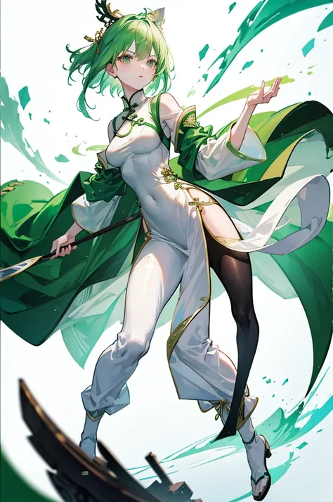 Green Hair、Her hair is short、small breast、upright stance、full body、Fighter、male、Uniform、Chinese Knight、Chinese style、White background、No exposure、China dress、pants、band、front、White clothes、Kung Fu、slender