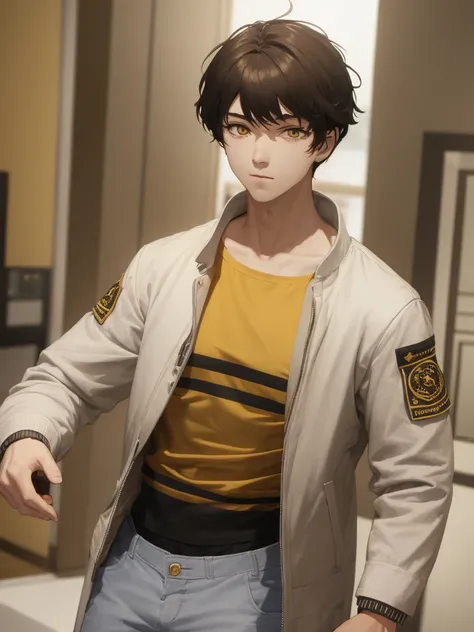 1boy, wolfcut brown hair, yellow eyes, wearing plain white t-shirt, cream bomber jacket, denim shorts, photo studio, absurdres, highres, ultrasharp, 8k, masterpiece, looking front at camera, formal pose, anime style, idcard pose, 