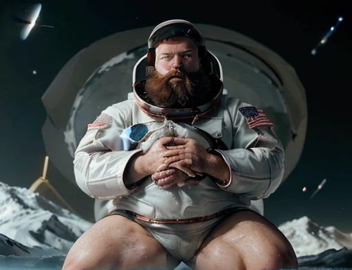  (((Bearded, chubby astronaut with extremely thick thighs is kneeling with his hand on his chest feeling a lot of pain))), icy mountains snowy place, the Astronaut using binoculars to observe( frontal image) Holding a pair of binoculars. dynamic photograph...