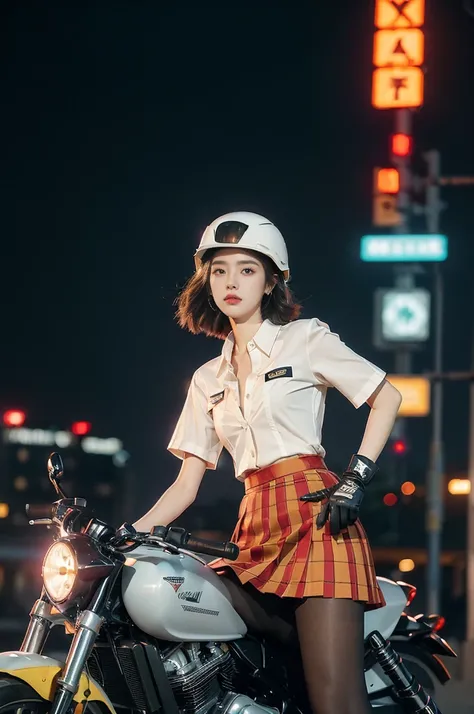 (((best quality))),(((ultra detailed))),(((masterpiece))),illustration,(1 beautiful girl,solo),((slim,thin)),((small breasts,flat chest)),(safety helmet:1.3),shoulder length straight bob hair,slender legs,cyberpunk, urban street,high school student, JK out...