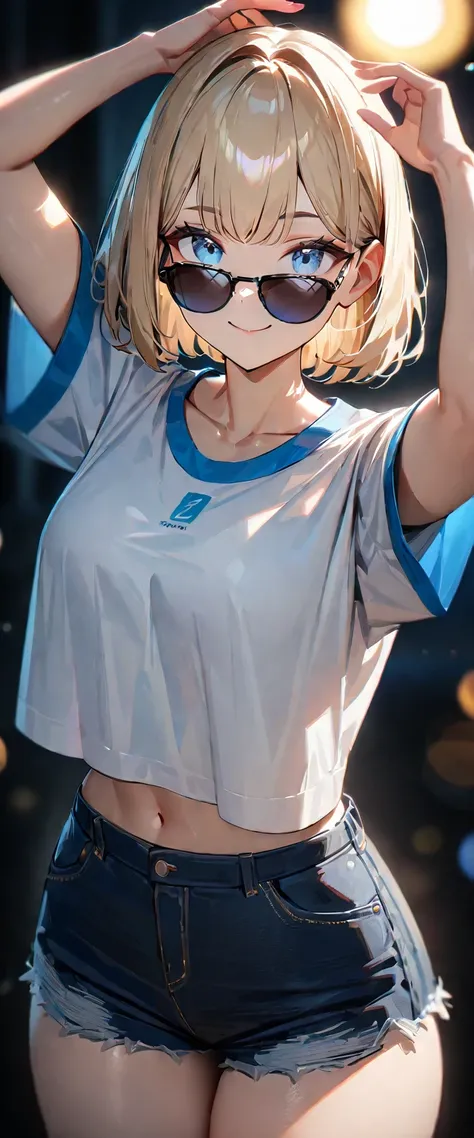 (((One girl))), beach, blond hair, bob cut, breasts, from front, (cowboy shot), (looking at viewer), ((black raw denim)), ((black crop top overhang)), short sleeves, Casual Stance, ((sunglasses)), arms up, midriff peek, teenager, head tilt:1.3, (((blue eye...