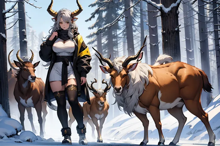 beautiful faun girl 25 years old, measures 185 cm antelope horns, huge breasts, gray hair tied up, winter clothes and yellow eyes in full body