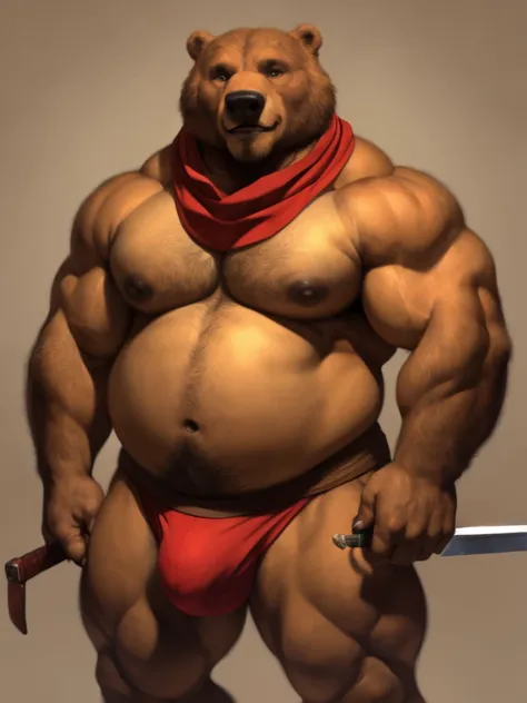 antro by the little bear_rusty), red scarf, (Old bear with sword), daddy , obese and muscular , naked torso, simple background, ultra detailed, pose natural, (well-built:1.3), (voluminous:1.3) bodybuilder, standing, by honovy, Por ROV, correct hands, manly...